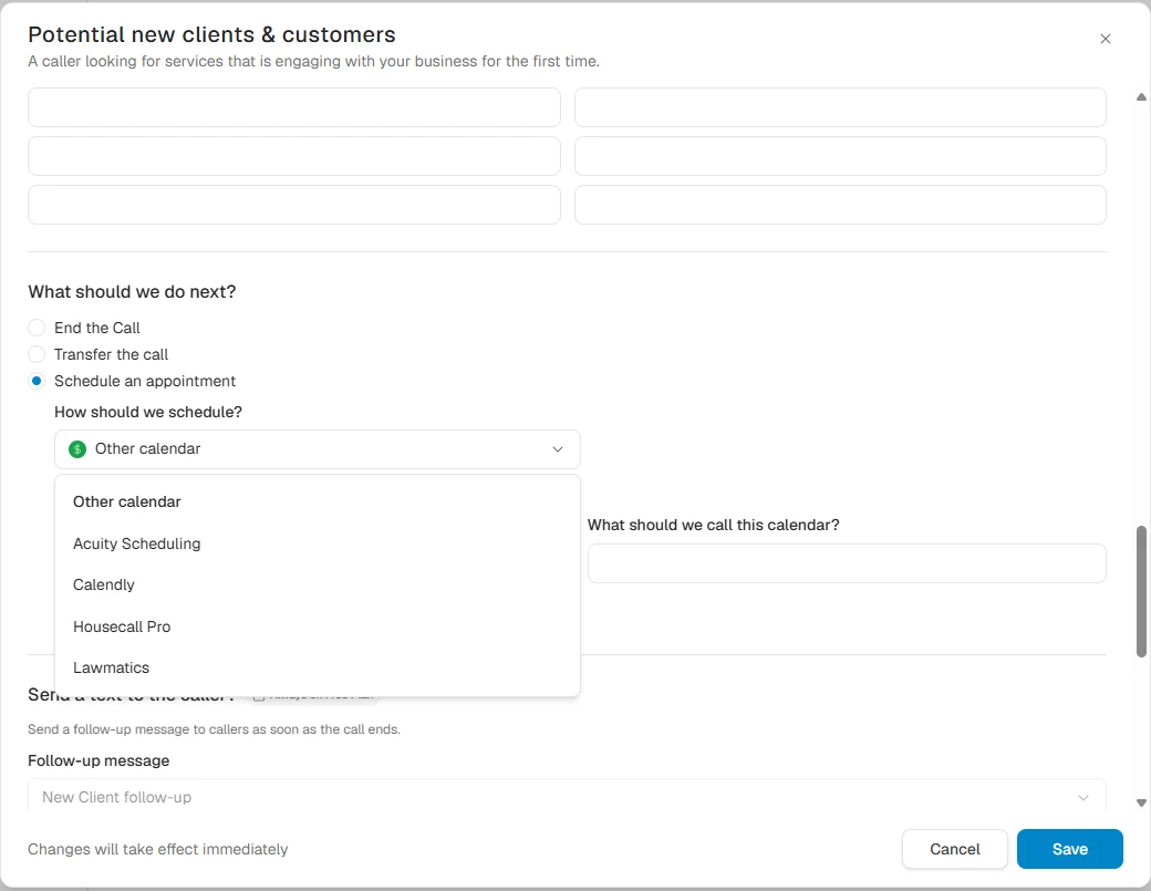 Smith.ai new-client dialog showing the How should we schedule dropdown