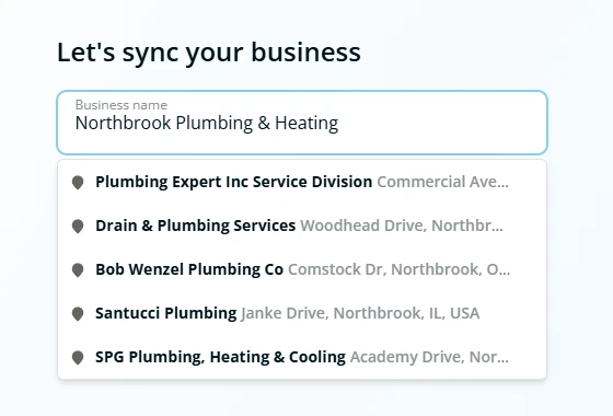 Smith.ai setup step three showing Google Places suggestions for the business name