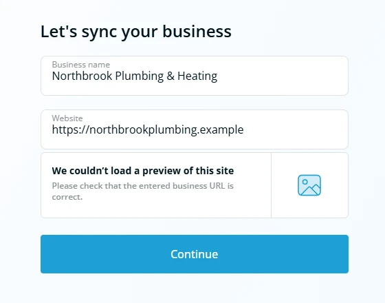Smith.ai setup warning that it could not load a preview of the business website