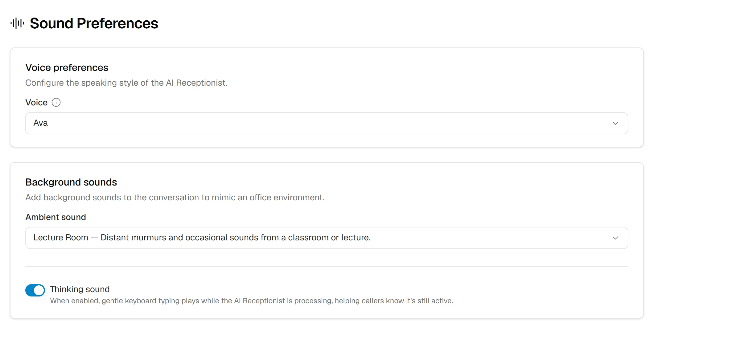 Smith.ai Sound Preferences page with the Ava voice, Lecture Room ambience and thinking sound enabled