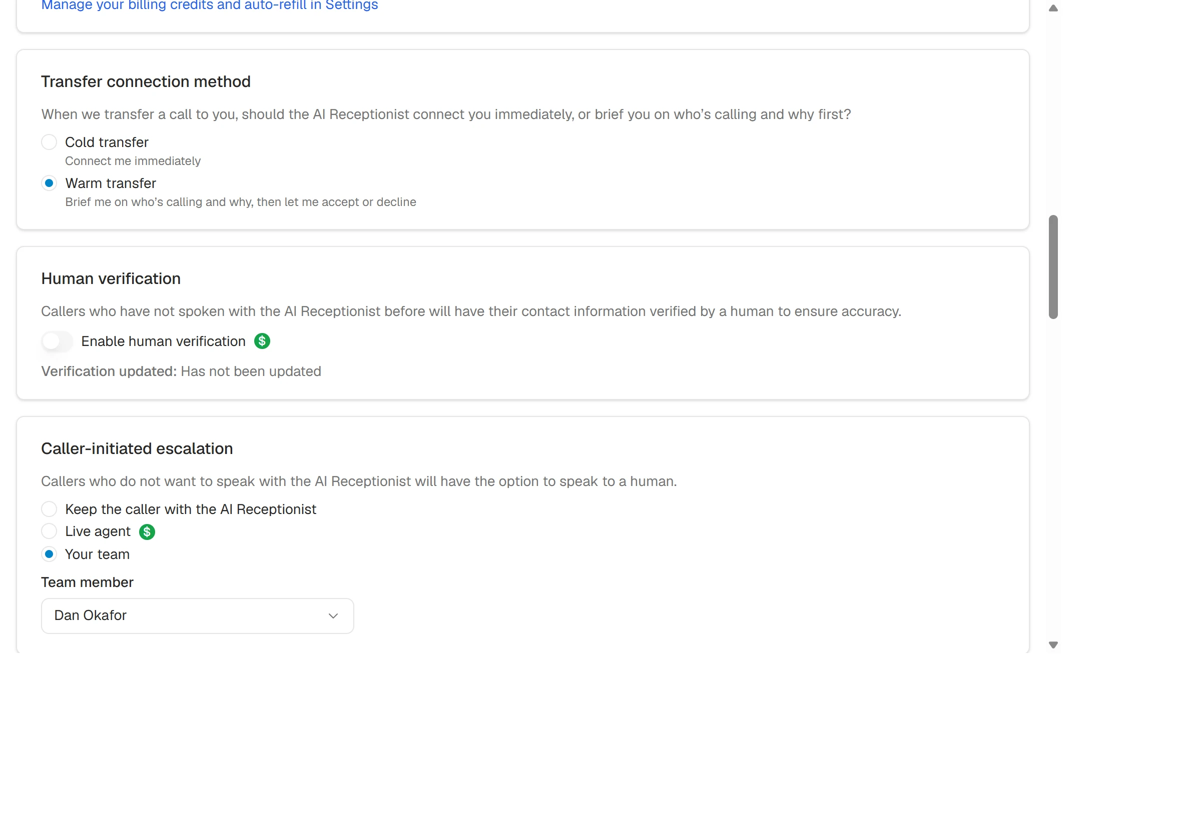 Smith.ai Call Handling page showing transfer connection method and caller-initiated escalation options