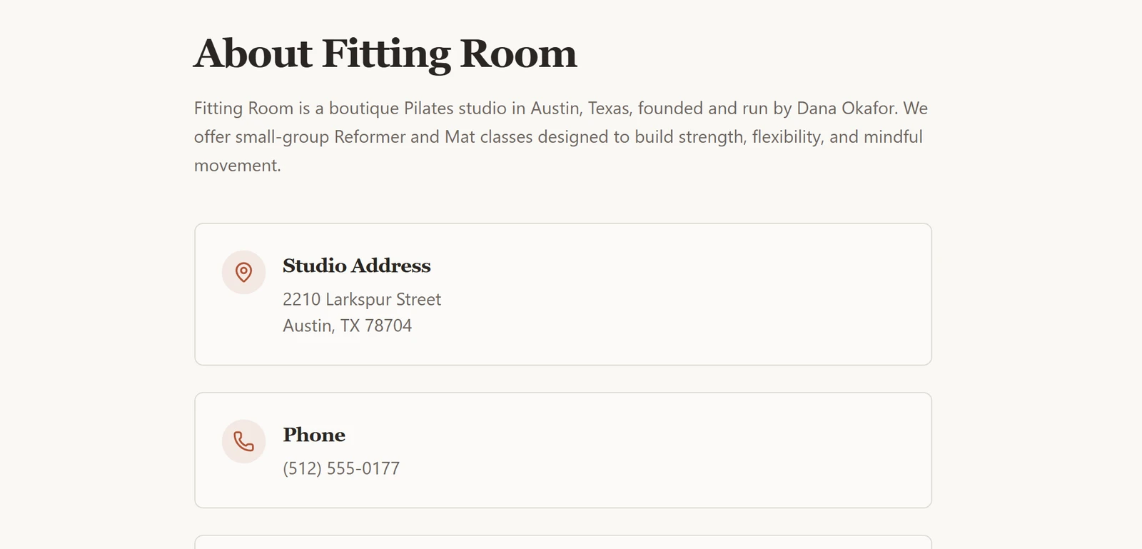 Softgen-built About page with the studio owner, address and phone