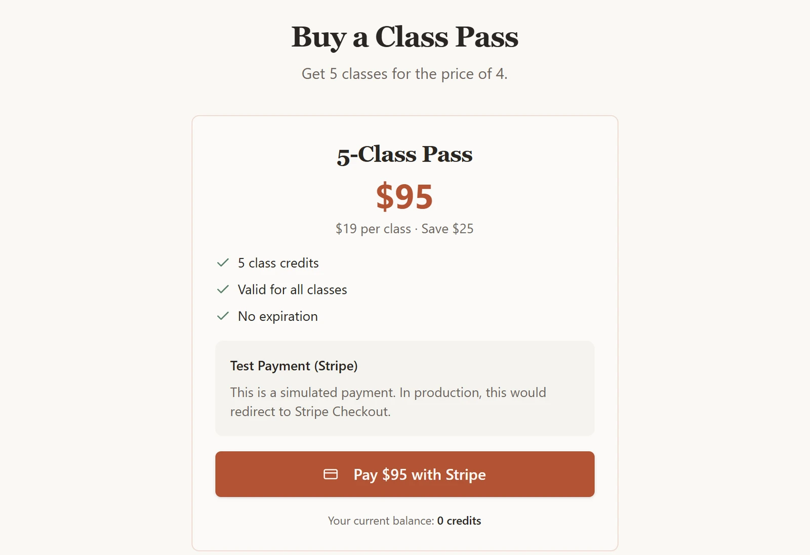 Fitting Room Buy a Class Pass page with a 5-class pass at $95 and a note that this is a simulated payment