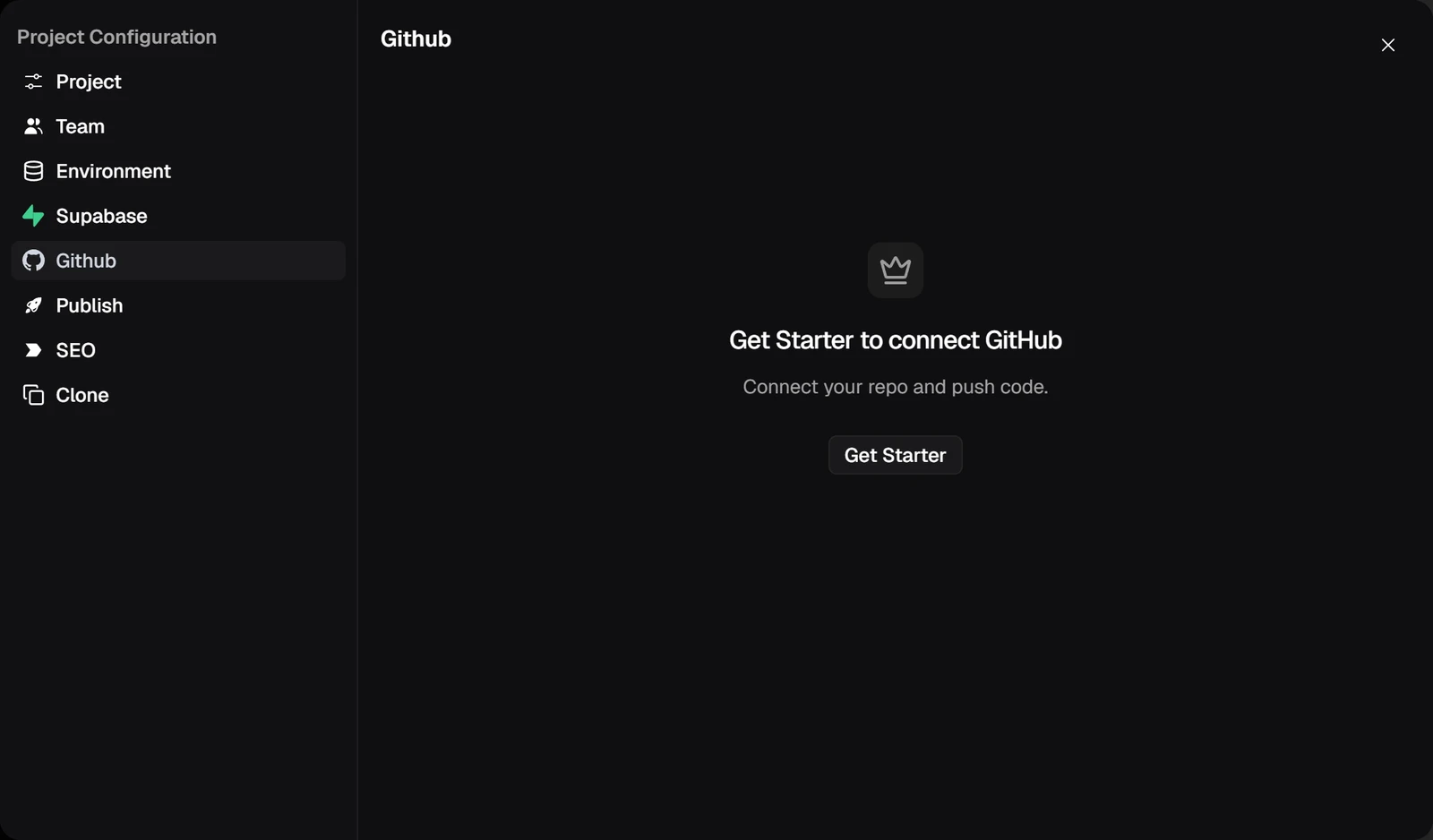 Softgen GitHub settings screen with the text Get Starter to connect GitHub