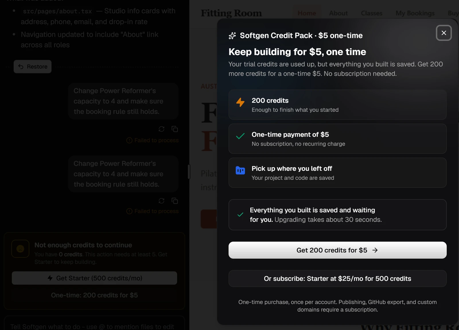 Softgen window titled Keep building for $5, one time, with a button to get 200 credits for $5 and a subscribe option