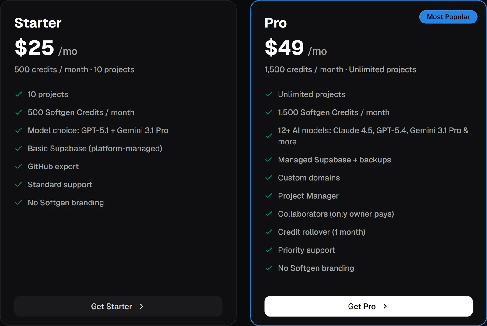 Softgen pricing page with Starter at $25 a month and Pro at $49 a month