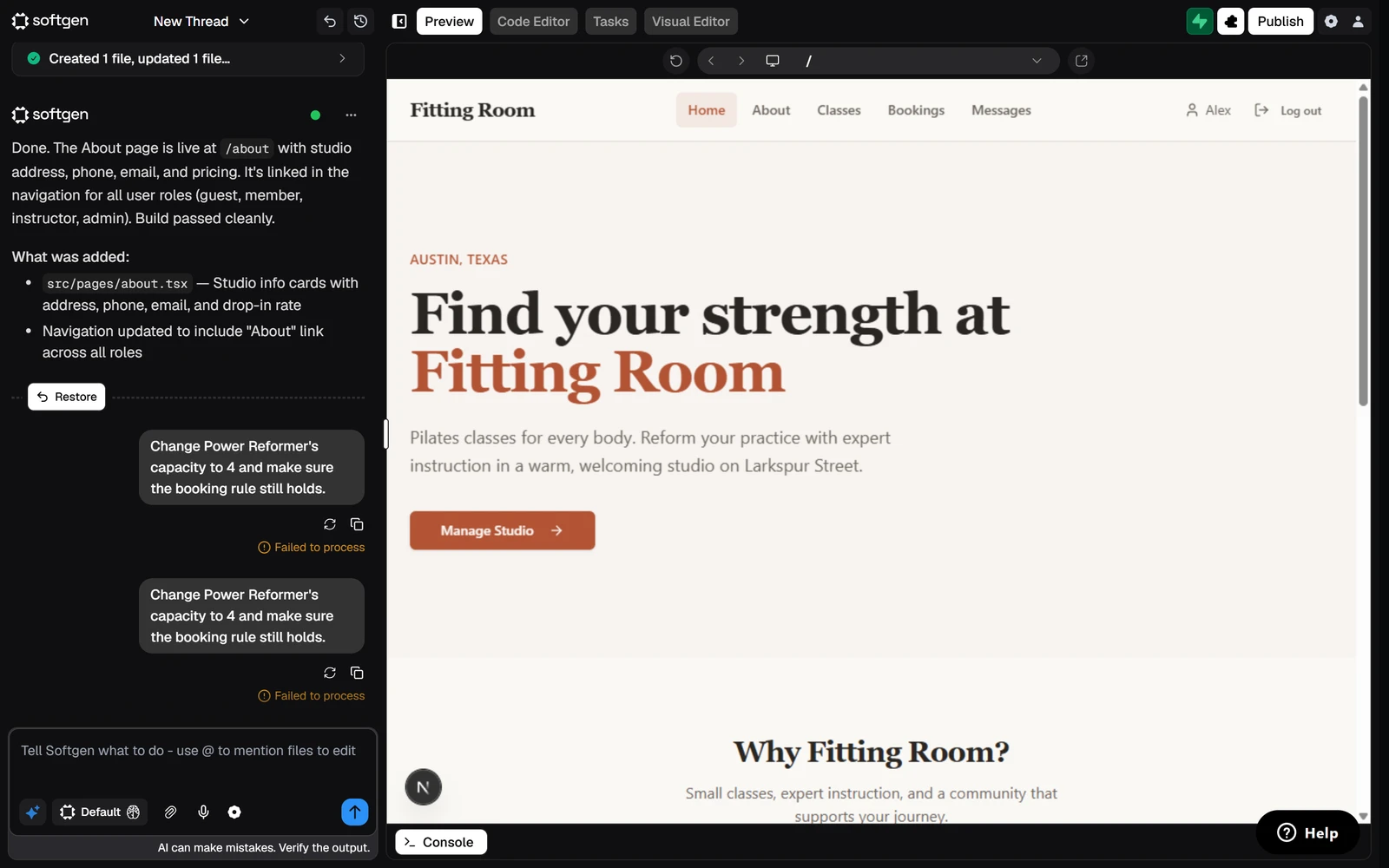 Softgen builder with the chat panel on the left and a preview of the Fitting Room studio app on the right
