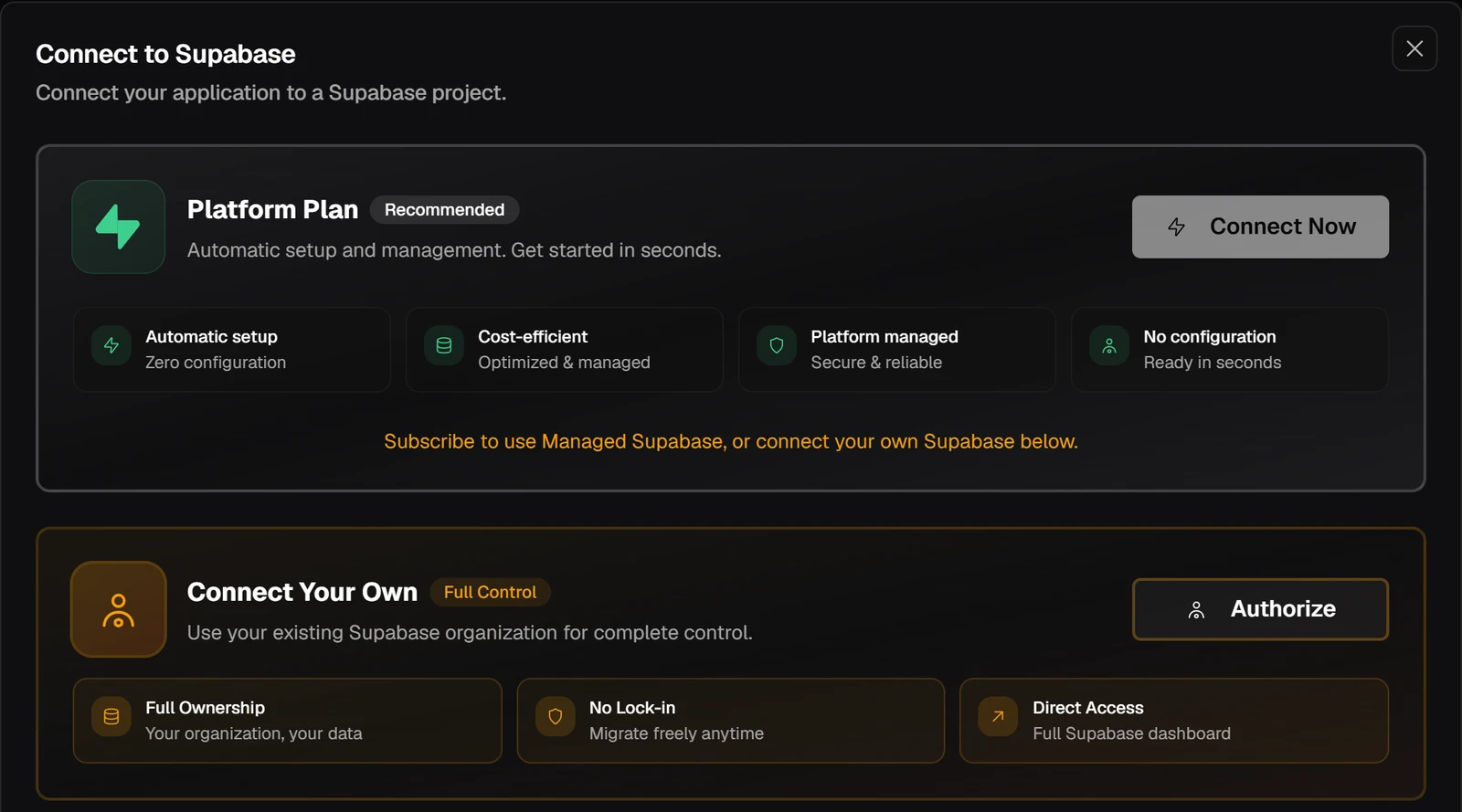 Softgen Connect to Supabase panel with Connect Now greyed out and the line Subscribe to use Managed Supabase, or connect your own Supabase below