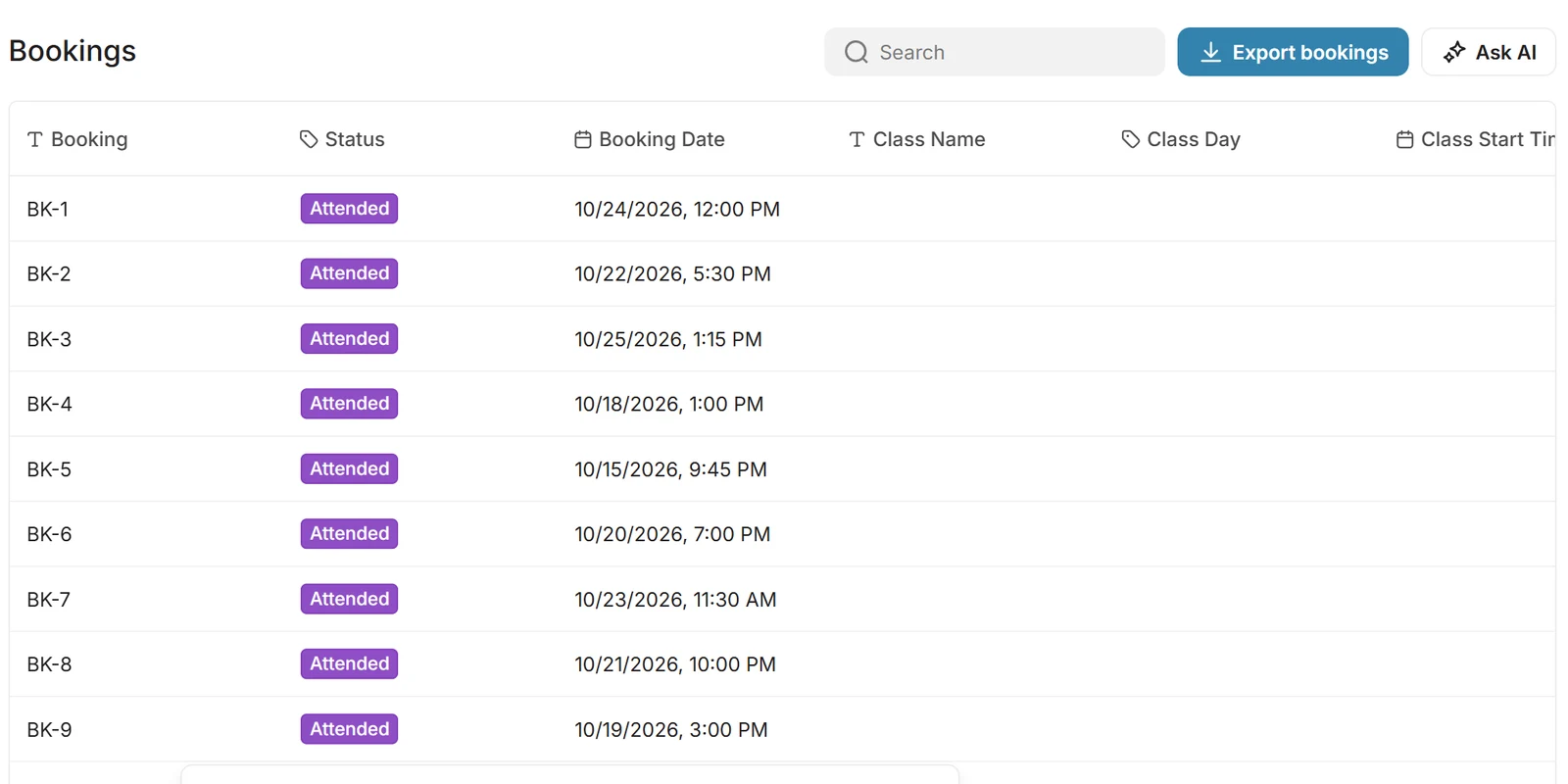 Softr test app admin page: the Classes table and the Bookings table, where the Class Name, Class Day and Class Start Time columns are empty for every booking, with a message that the data was exported