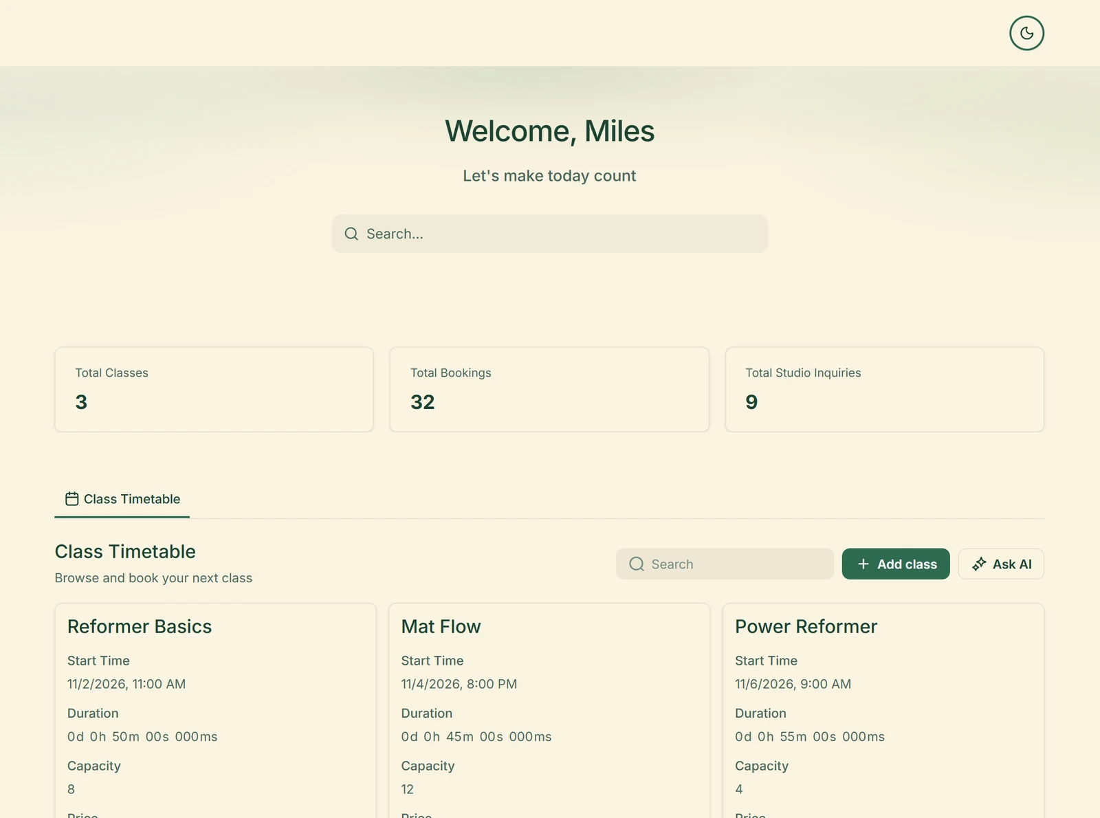 Softr test app as the admin sees it, in dark green and cream, with the About link in the menu, a dark mode button at the top right, three class cards and counters for classes, bookings and inquiries