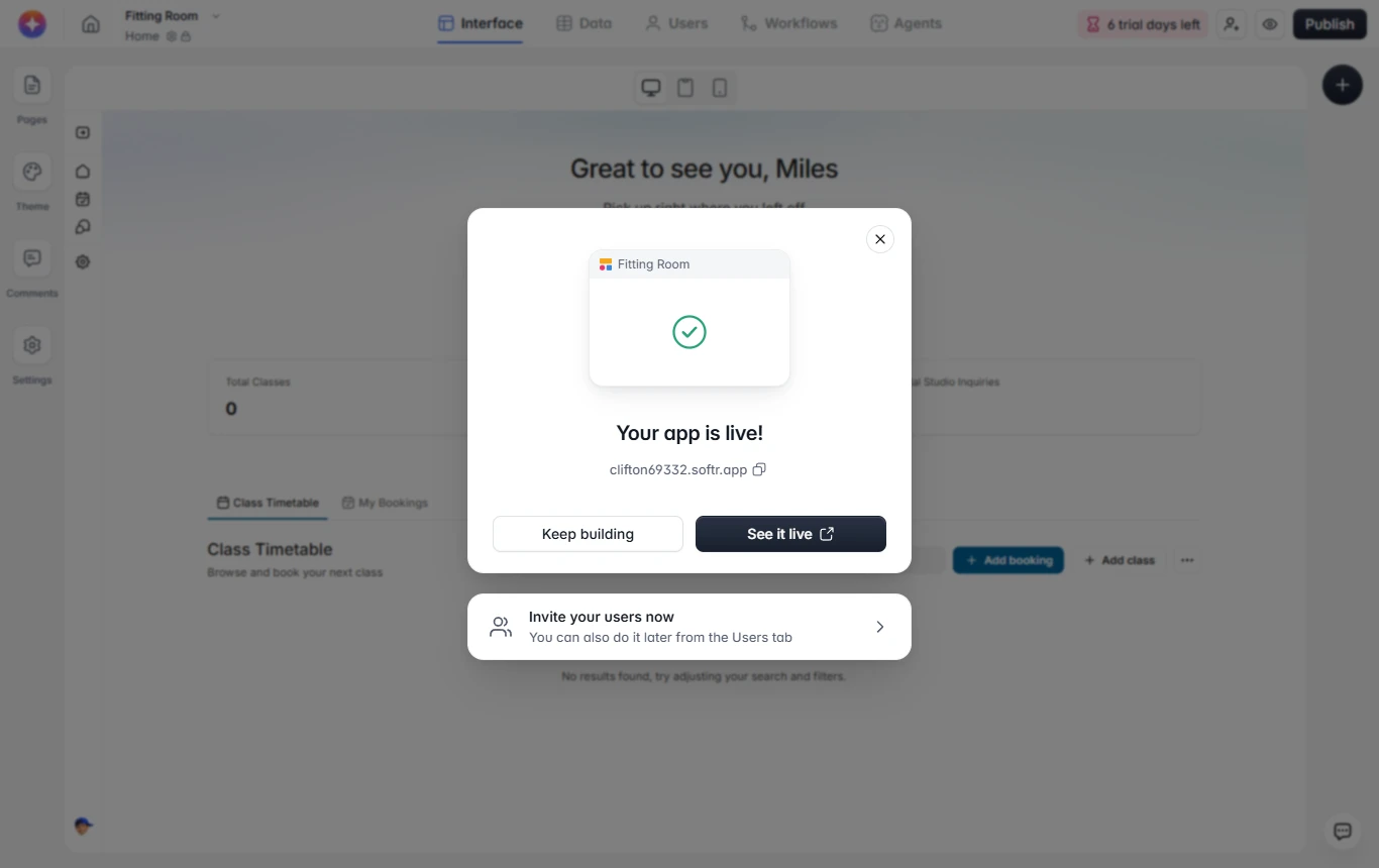 Softr editor with the dialog Your app is live showing the address clifton69332.softr.app and the buttons Keep building and See it live