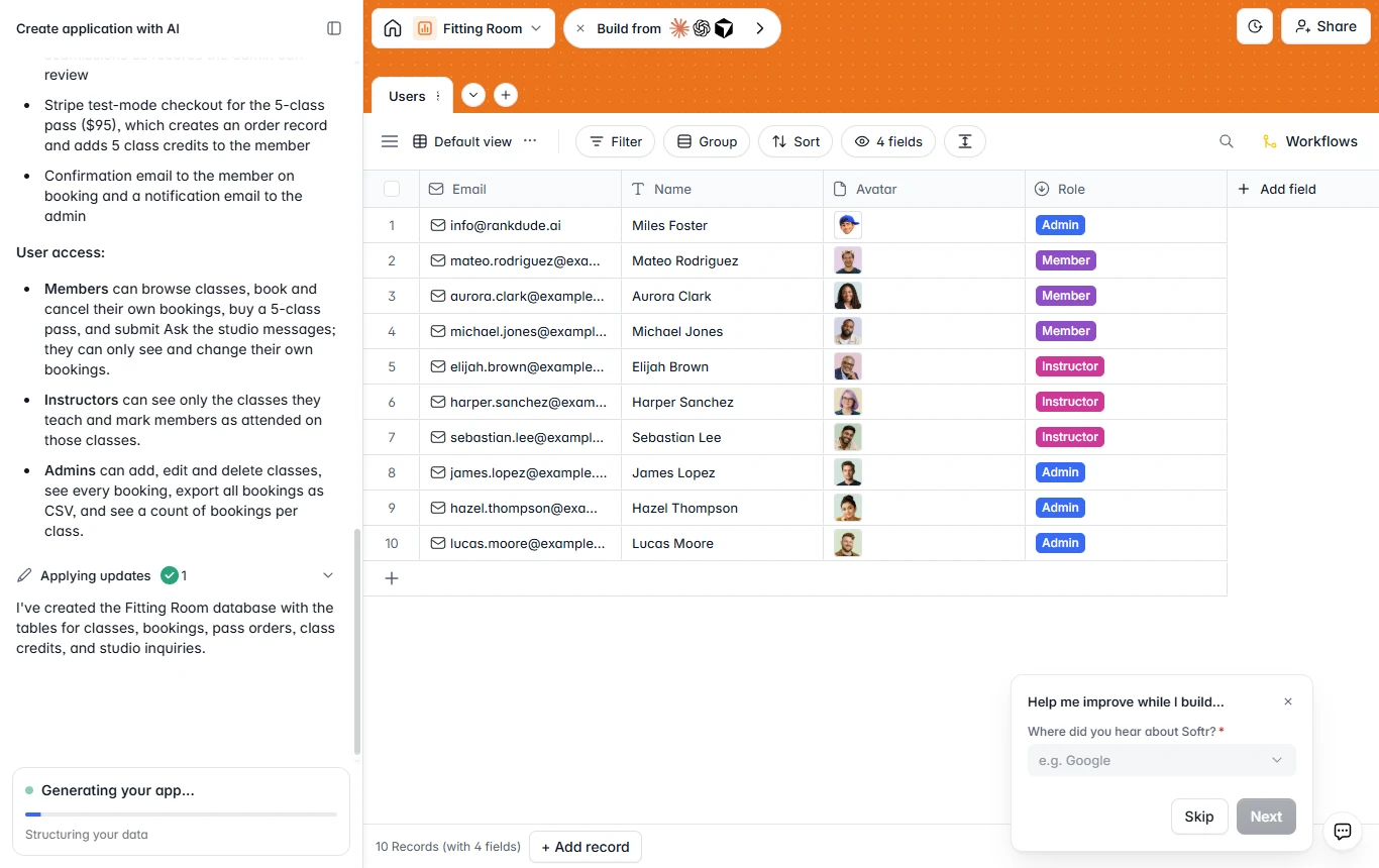 Softr build screen with the requirements summary listing a Stripe test-mode checkout and a confirmation email, beside the Users table with ten sample accounts