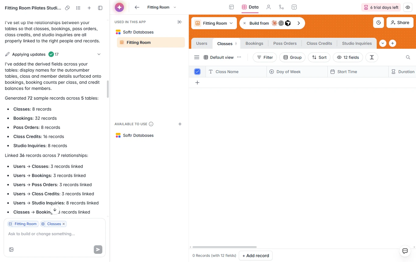 Softr Data view with the Classes table showing zero records, after I deleted the invented classes, and the chat on the left saying it generated 72 sample records