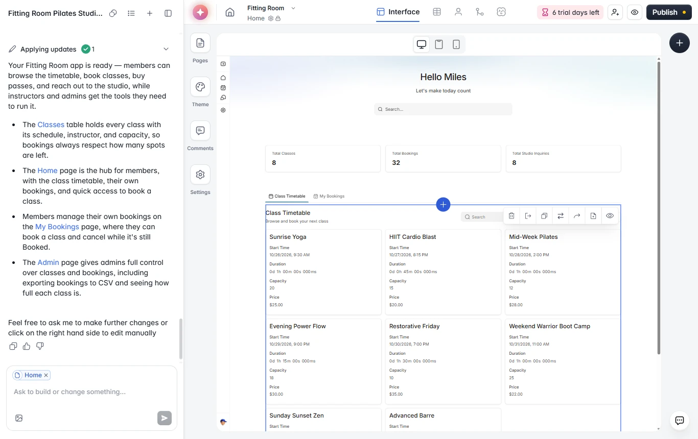 Softr editor after the first build, with the chat summary on the left and the Fitting Room home page on the right listing Sunrise Yoga, HIIT Cardio Blast and other classes I never asked for
