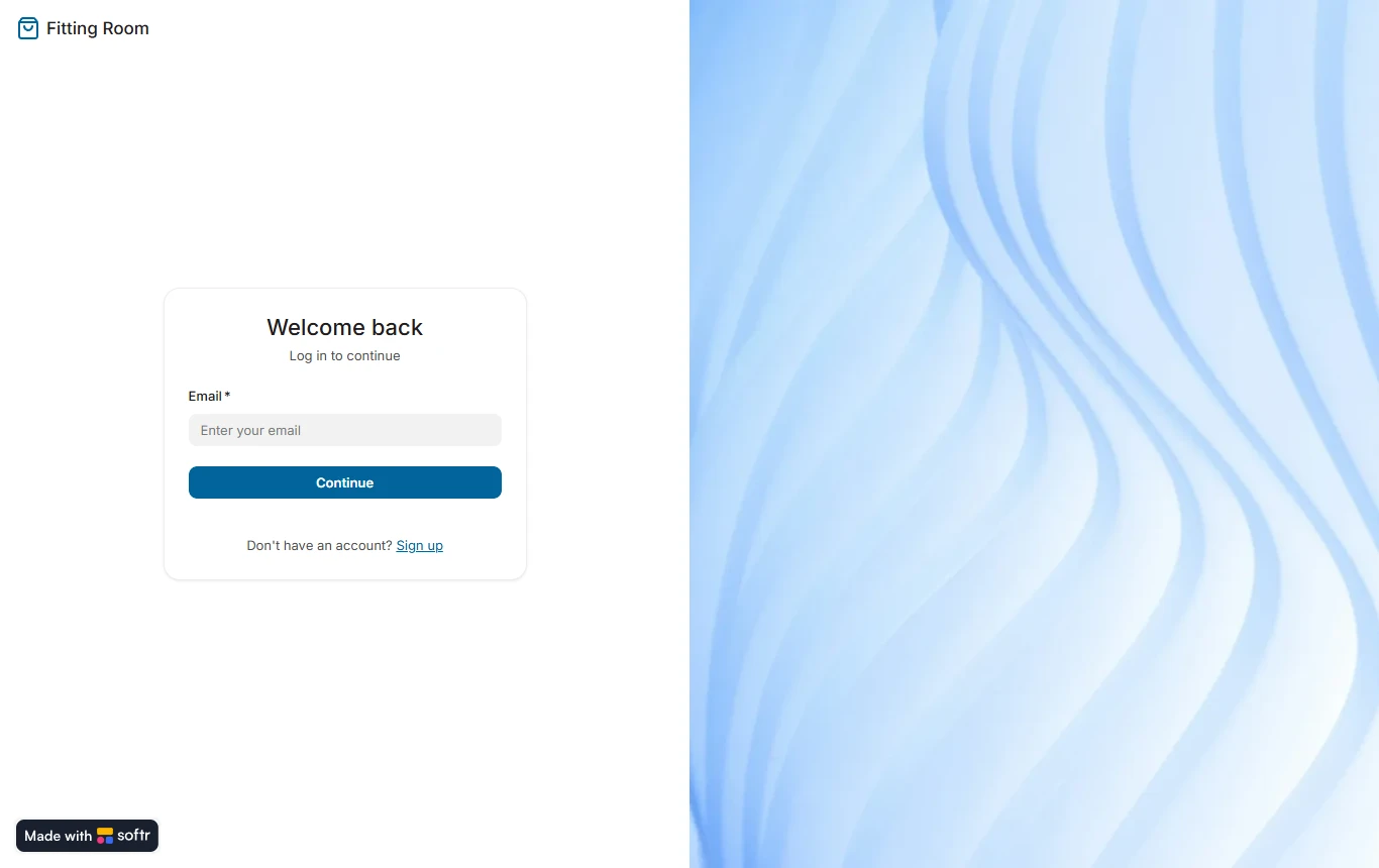 Softr test app: the live log-in page with one email field and a Continue button, and the Made with Softr badge in the corner