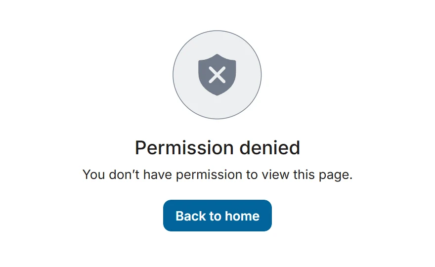 Softr test app: a Permission denied page, with the text You don't have permission to view this page and a Back to home button