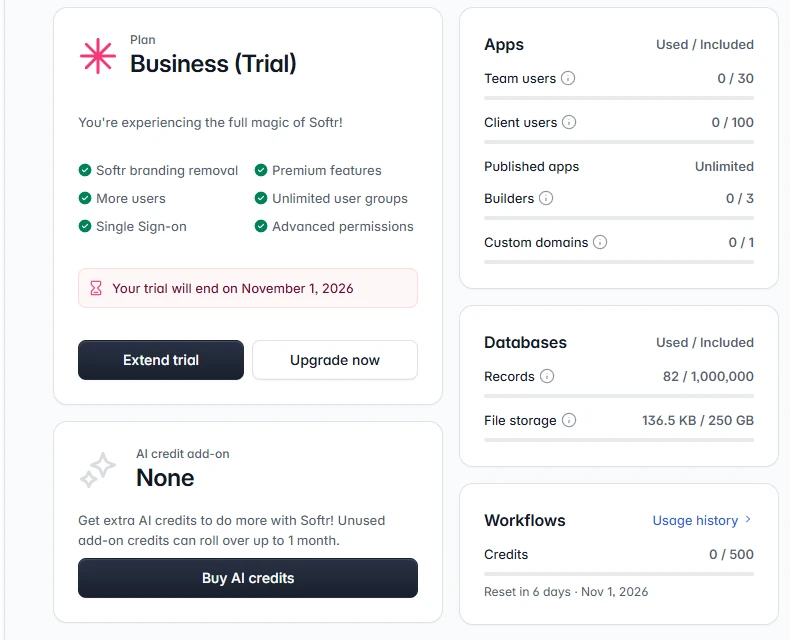 Softr Plan and billing page: Business (Trial) with the trial ending on November 1, 2026, and the apps, databases and workflow usage panels