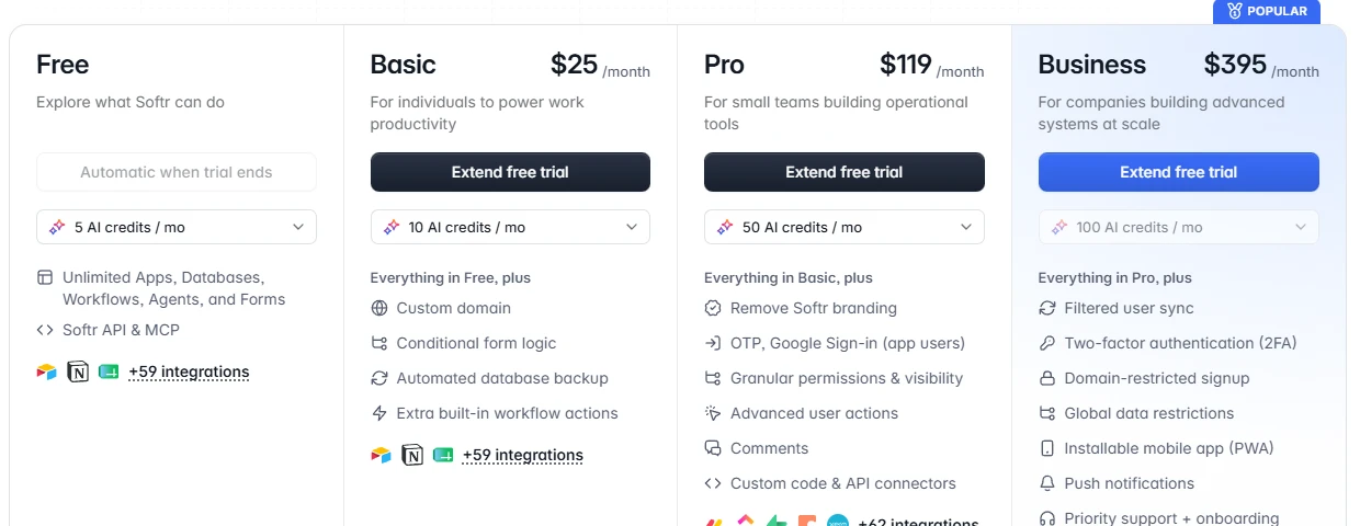 Softr pricing modal in the monthly view: Free with 5 AI credits, Basic at $25, Pro at $119 and Business at $395 a month, with their features listed