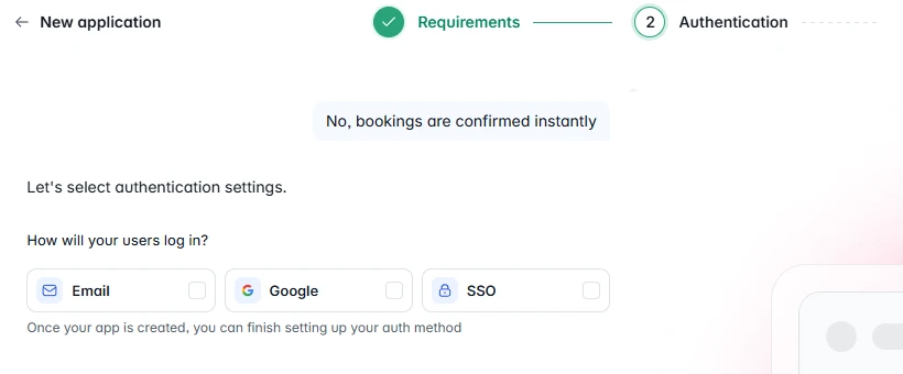 Softr: the build wizard asking how users will log in, with Email, Google and SSO options and three steps along the top