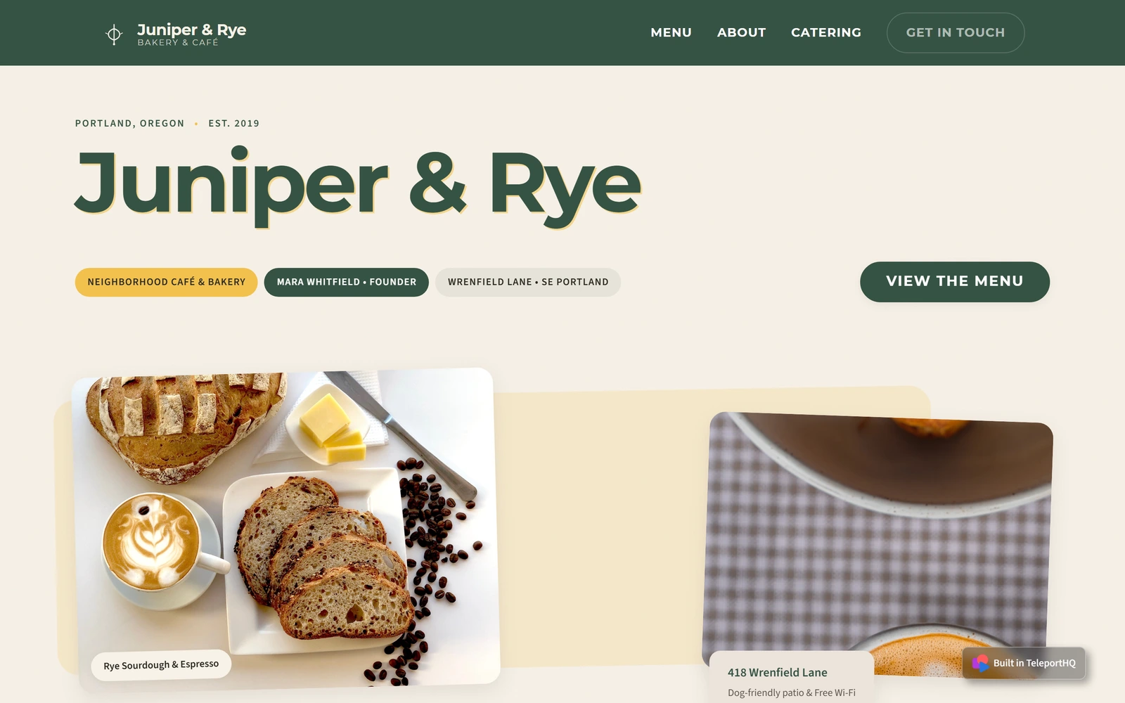 The cafe About page on desktop with a readable dark green headline Juniper and Rye, three small labels, a View the Menu button and a photo of bread and coffee