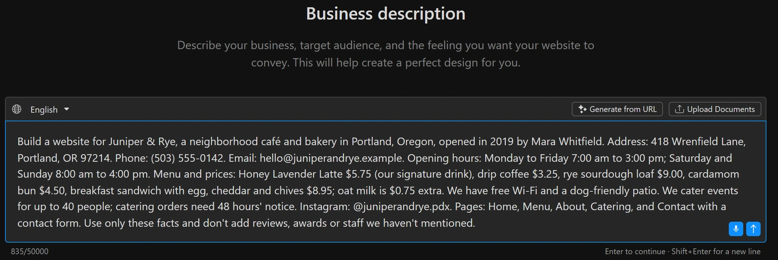 TeleportHQ's Business description screen with the whole cafe brief pasted into the box, a count of 835 of 50000 characters and four steps above: Business, Design preferences, Colors and fonts, Build