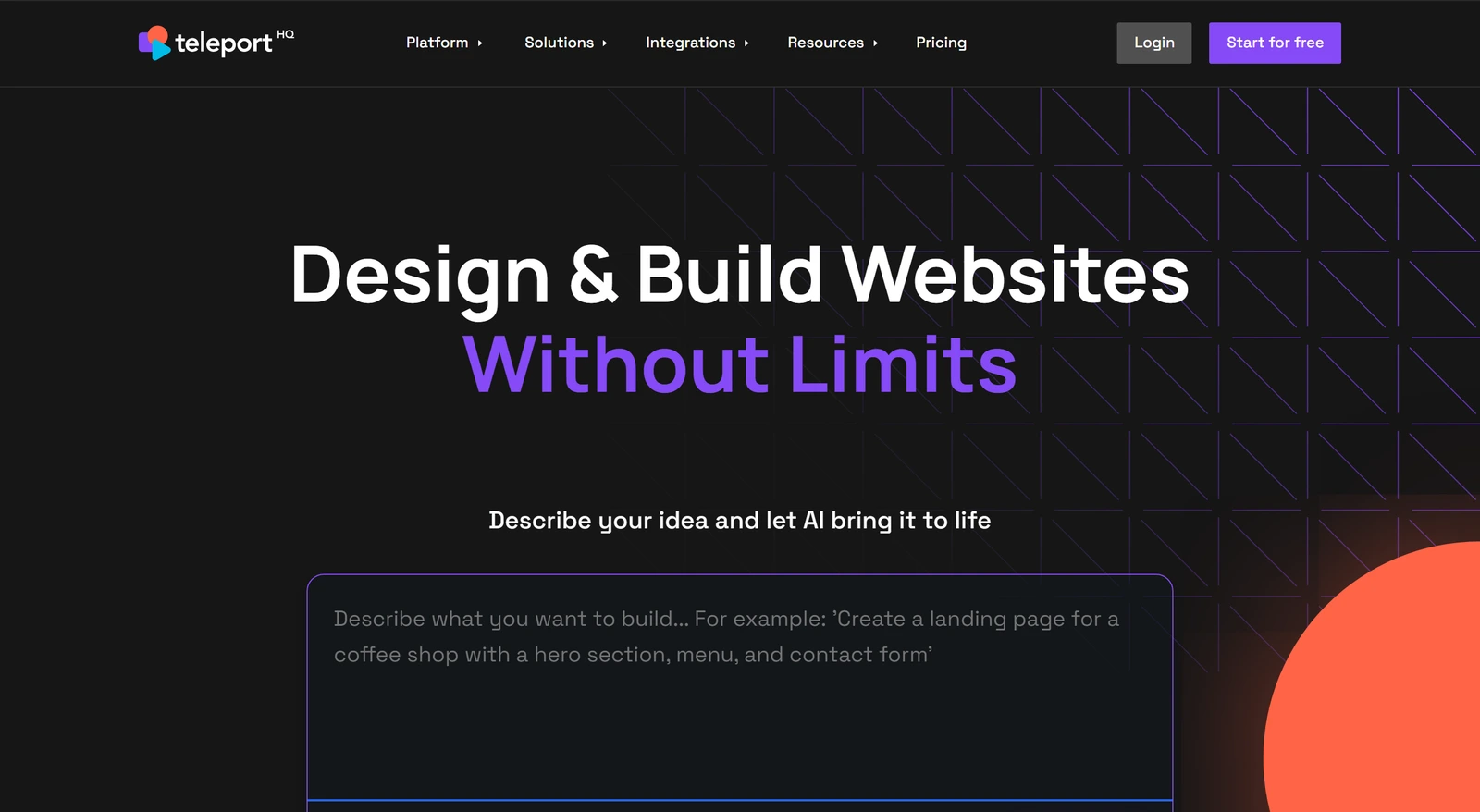 TeleportHQ's own home page with the headline Design and Build Websites Without Limits, a box to describe what you want to build and Login and Start for free buttons