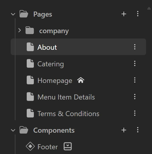 TeleportHQ's page list for the cafe project showing the pages About, Catering, Homepage, Menu Item Details and Terms and Conditions