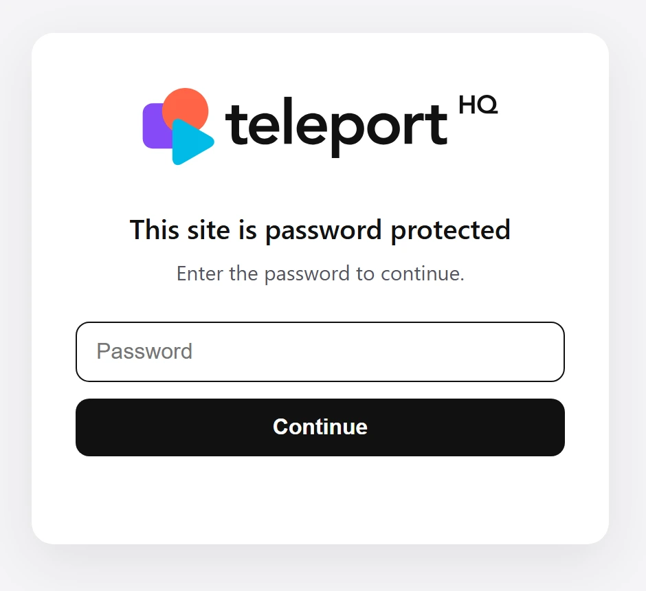 The password page a visitor sees at the cafe's live address, with the TeleportHQ logo, the words This site is password protected and a Password box
