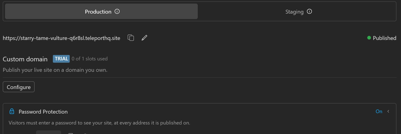 TeleportHQ's Publish panel showing a published web address, a Custom domain row marked TRIAL with 0 of 1 slots used, and Password Protection switched On with the words Visitors must enter a password to see your site