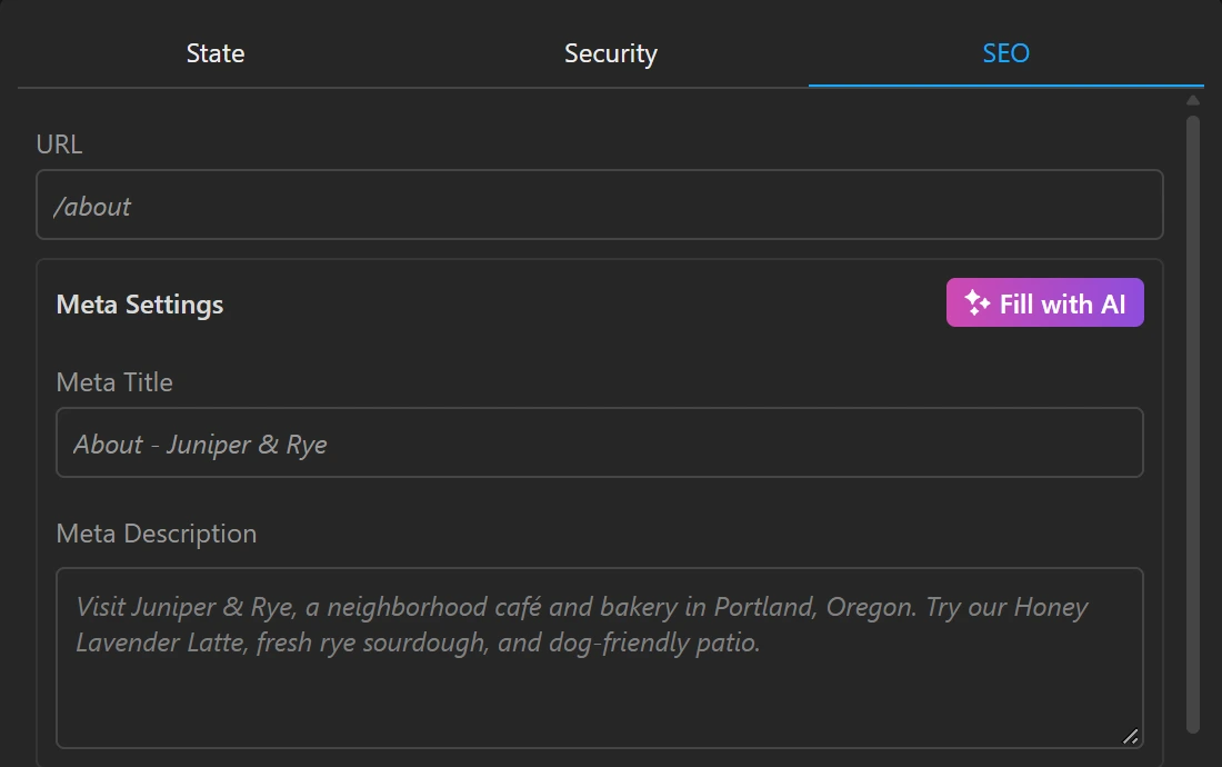 TeleportHQ's page settings on the SEO tab for the About page with boxes for the URL, a Meta Title, a Meta Description with a Fill with AI button, Open Graph settings and a Schema markup box