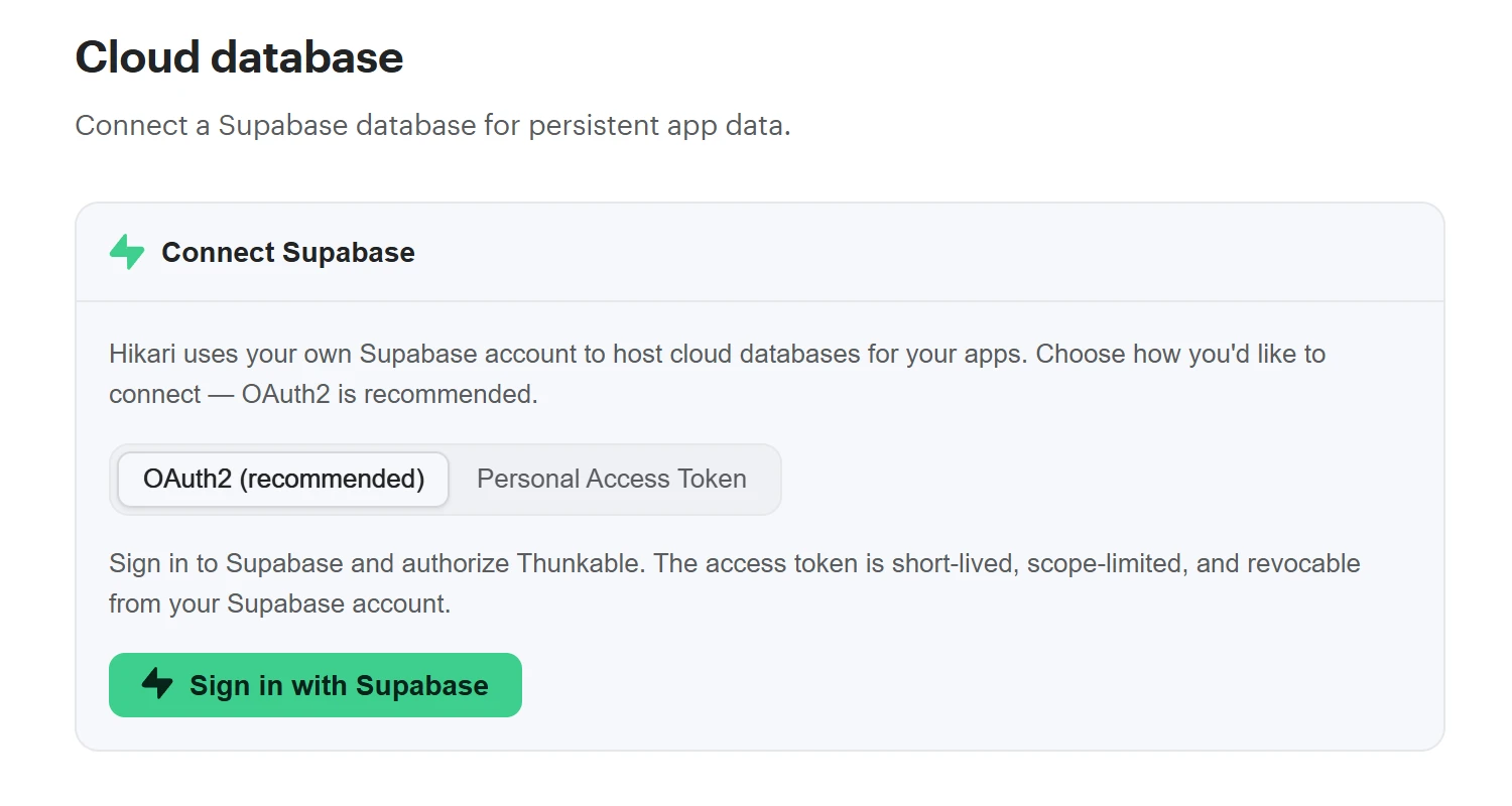 Thunkable Cloud database page offering to connect Supabase with OAuth2 or a personal access token