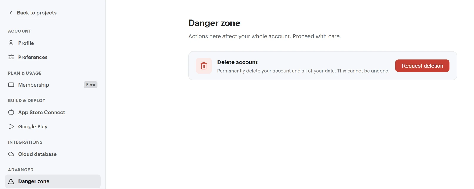 Thunkable account settings with a Membership item marked Free and a Danger zone page with a Delete account button