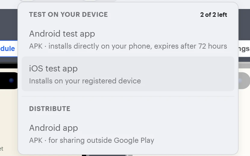Thunkable Download menu with Android test app, iOS test app and a distribute Android app, 2 of 2 left