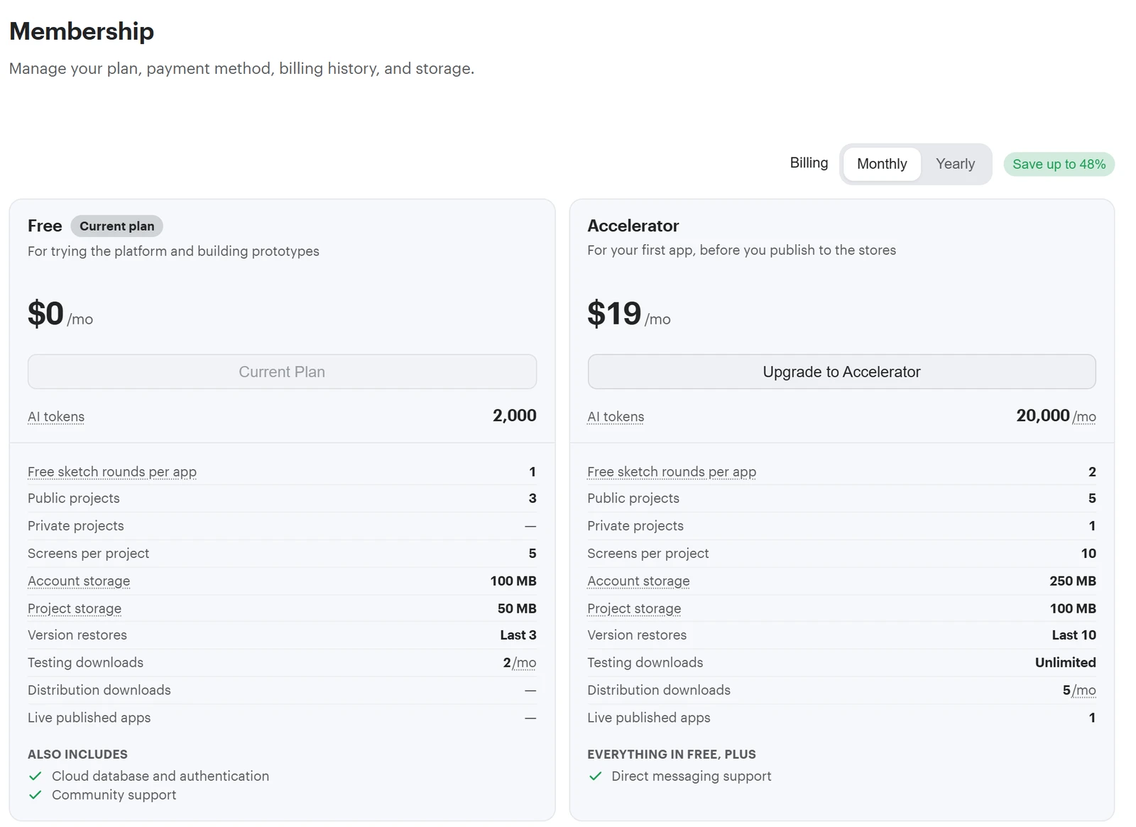 Thunkable membership page showing the Free plan with 2,000 AI tokens and 5 screens per project, and Accelerator at $19 a month