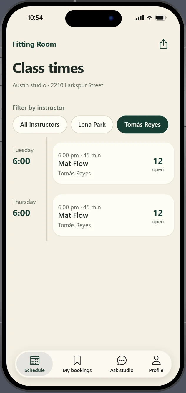 Thunkable preview of the timetable filtered to Tomás Reyes, showing two Mat Flow classes
