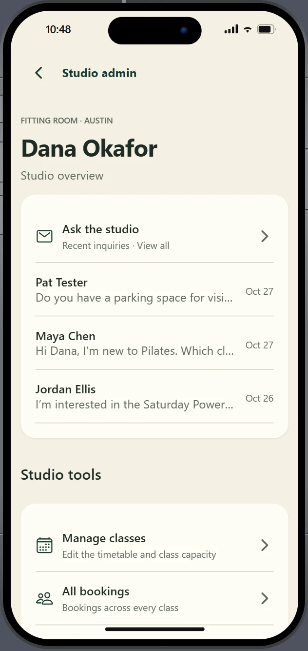 Thunkable preview of the admin screen listing four enquiries, Pat Tester, Maya Chen, Jordan Ellis and Riley Morgan