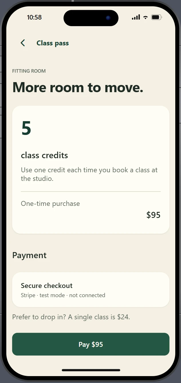 Thunkable preview of the Class pass screen with a 5-class pass at $95, Stripe test mode not connected and a Pay $95 button