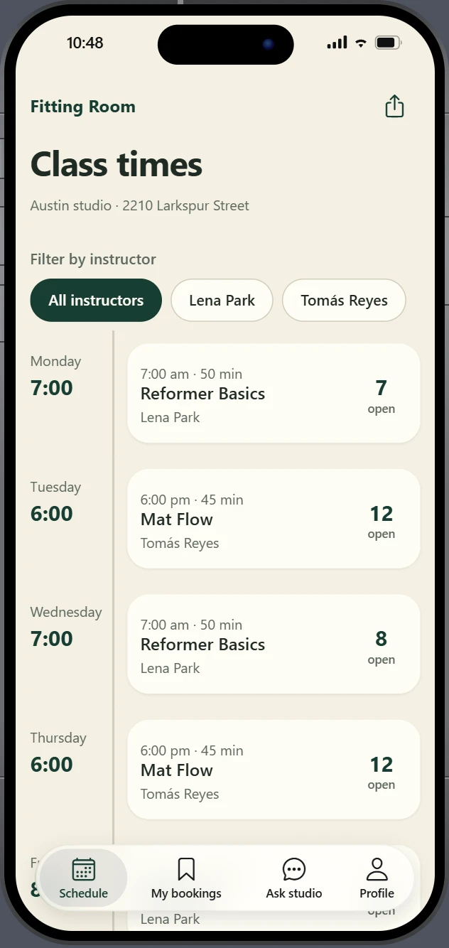 Thunkable preview of the Fitting Room timetable on a phone in dark green and cream with an instructor filter and the three classes