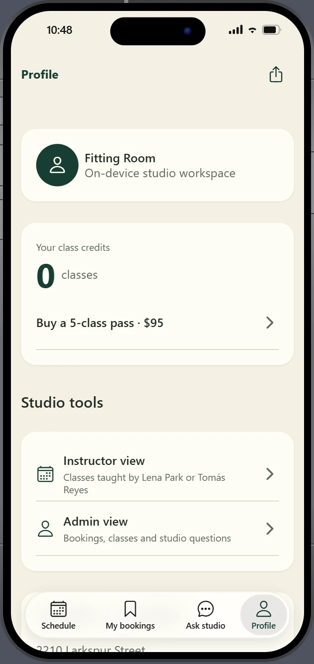 Thunkable preview of the Profile screen with class credits, Buy a 5-class pass, and buttons for Instructor view and Admin view