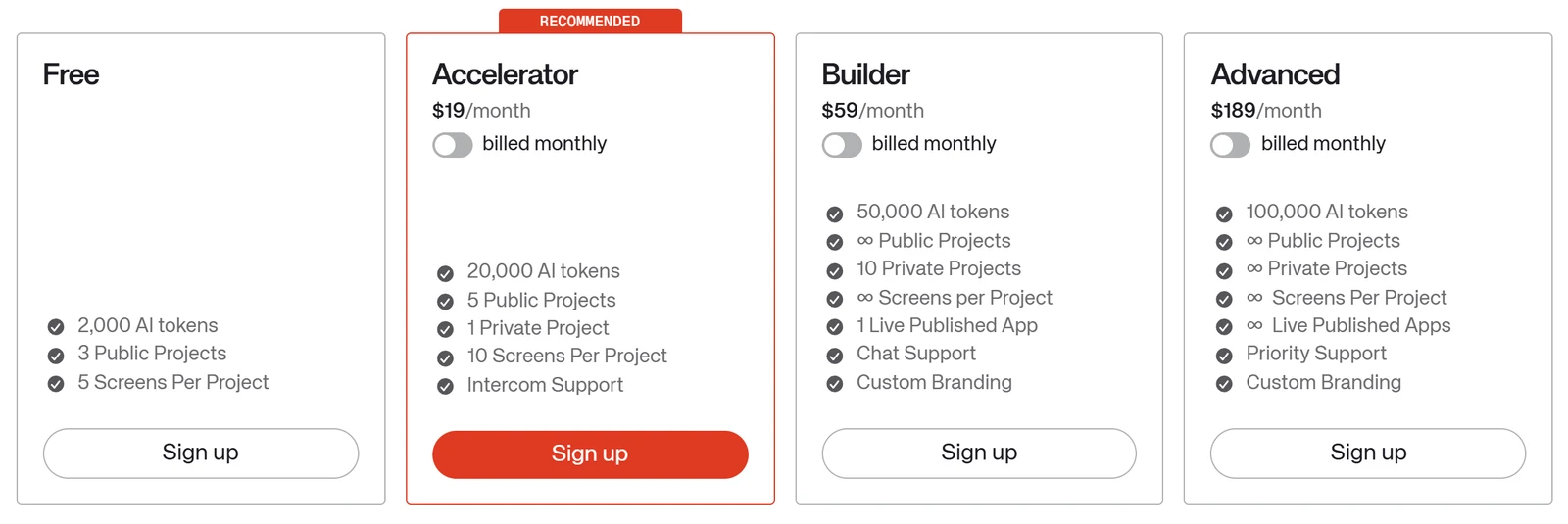 Thunkable pricing page with Free, Accelerator at $19, Builder at $59 and Advanced at $189 a month