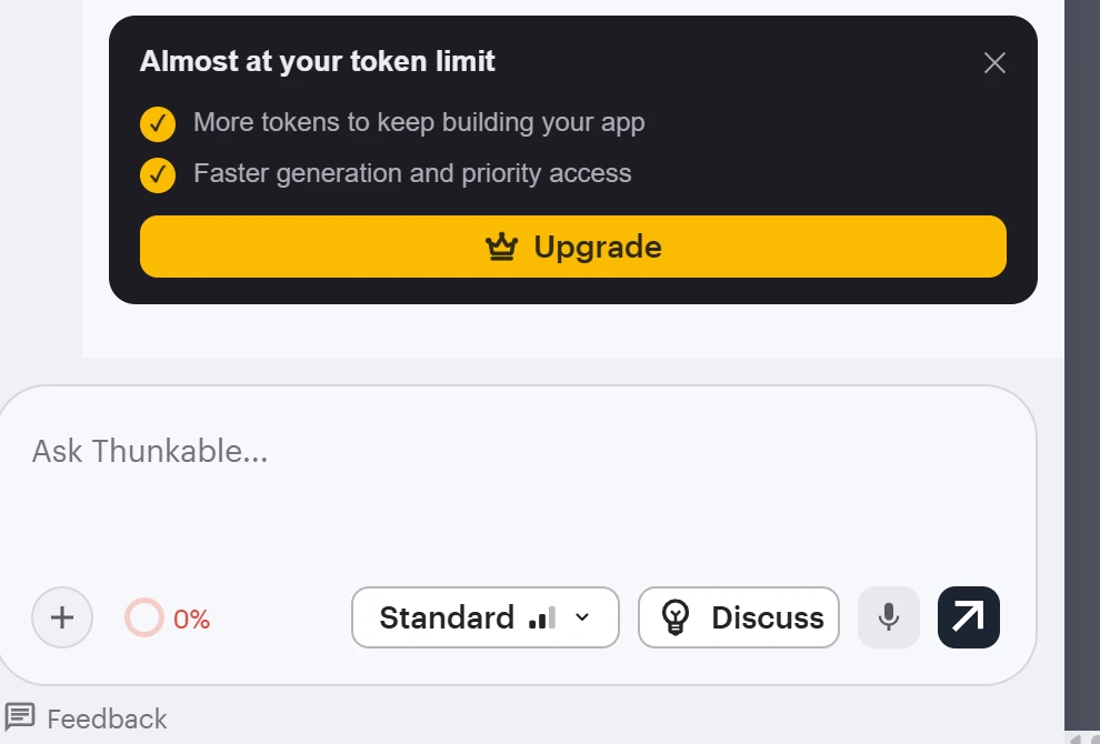Thunkable chat panel with an Almost at your token limit banner and the token ring at 0 percent