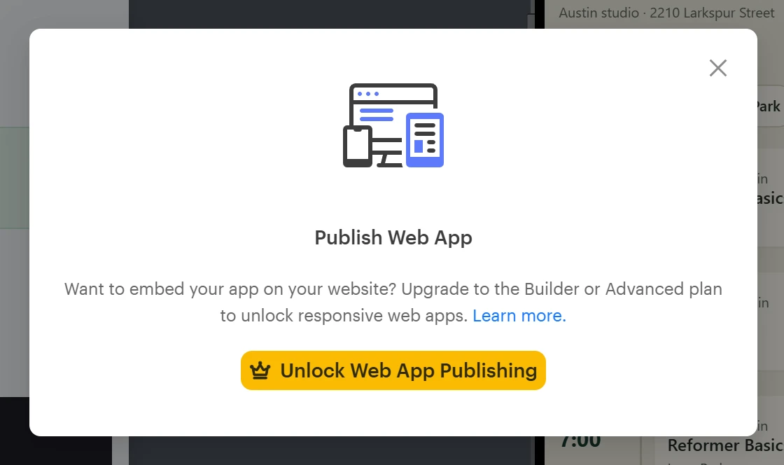 Thunkable Publish Web App dialog saying to upgrade to the Builder or Advanced plan to unlock responsive web apps