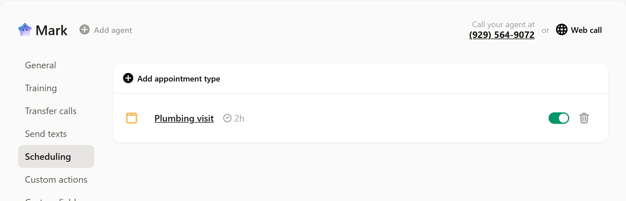 Upfirst Scheduling tab with the Plumbing visit appointment type, two hours