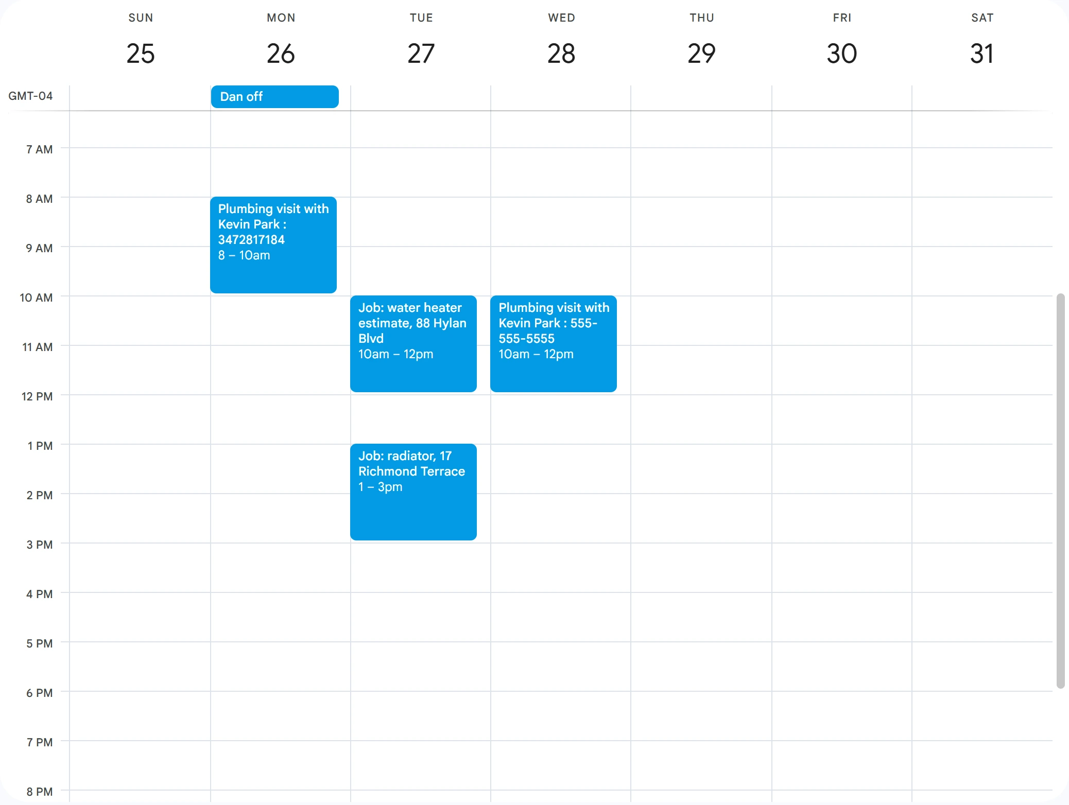 Google Calendar week of 26 October after the move and cancel calls: Dan off on Monday, a Plumbing visit with Kevin Park on Monday 8 to 10, and the Plumbing visit with Kevin Park still on Wednesday 10 to 12