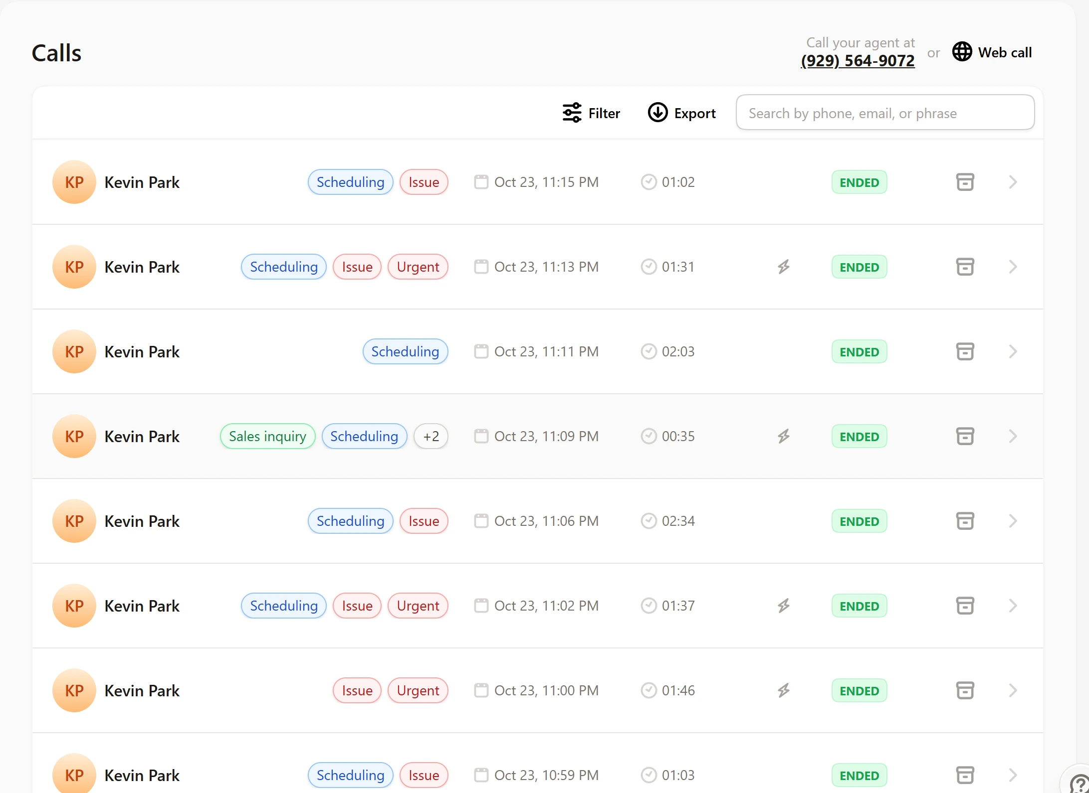 Upfirst call log with every test call from the same number listed under the name Kevin Park, with tags such as Scheduling, Issue and Urgent