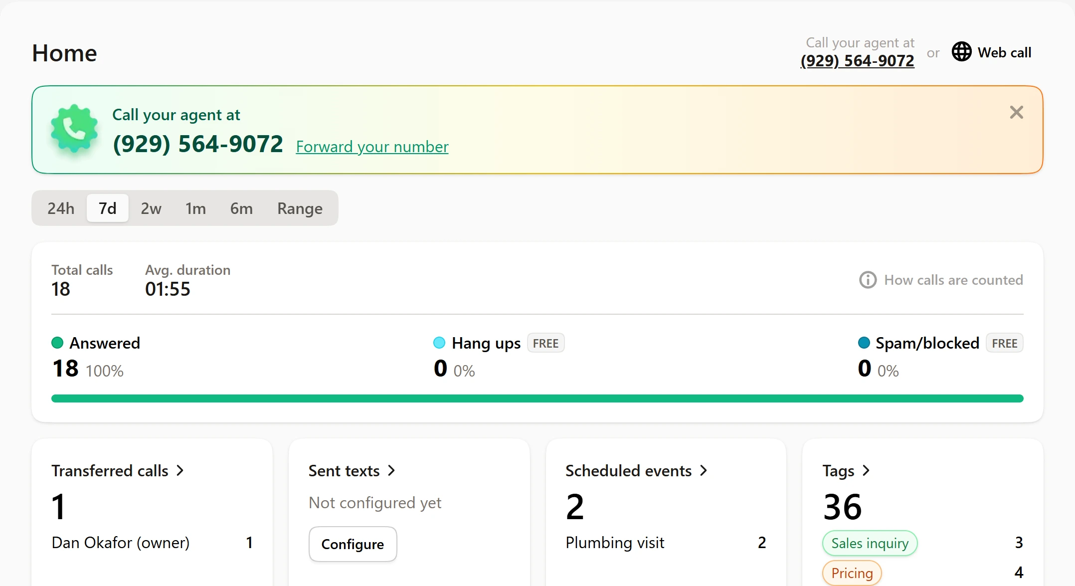 Upfirst dashboard home with the agent's phone number, the call counts, one transferred call, two scheduled events and the call tags