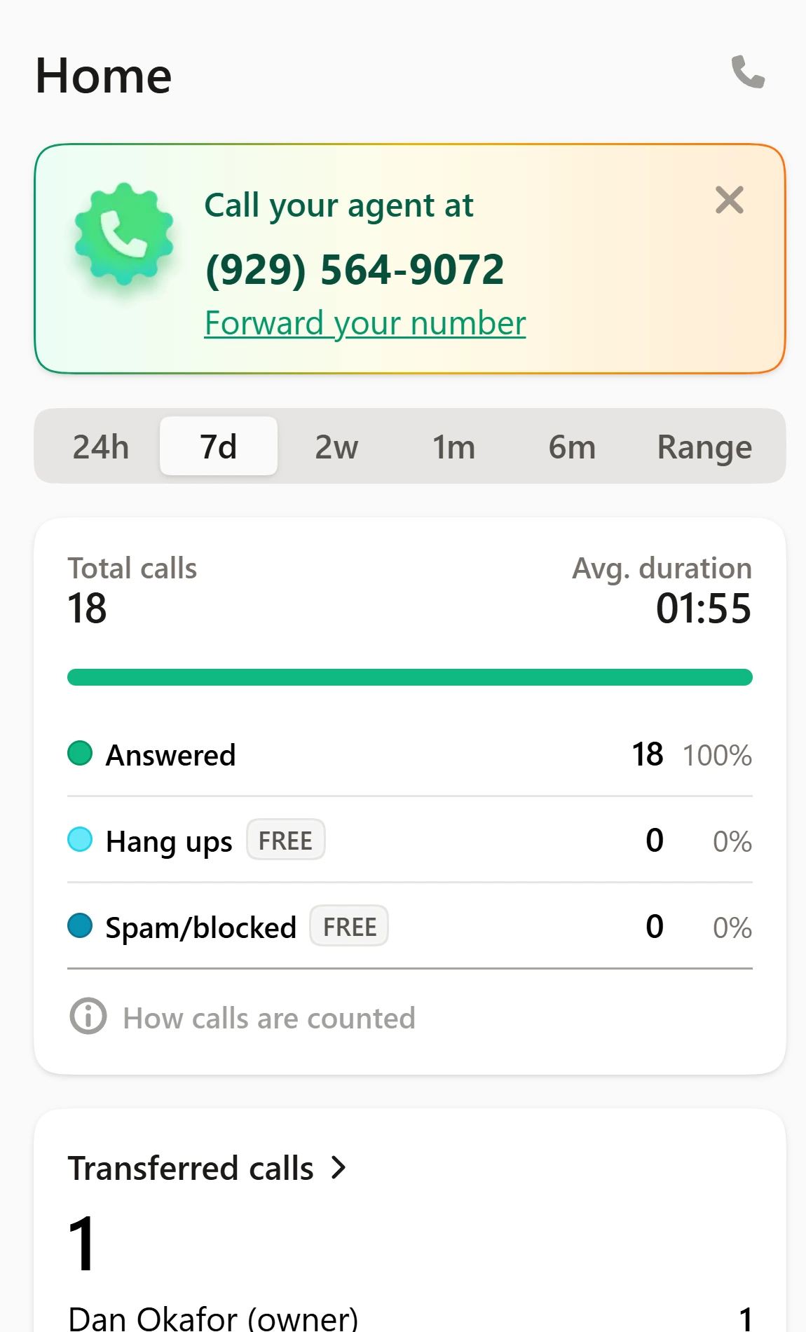 Upfirst dashboard Home page at phone width with the agent's number and the call counts