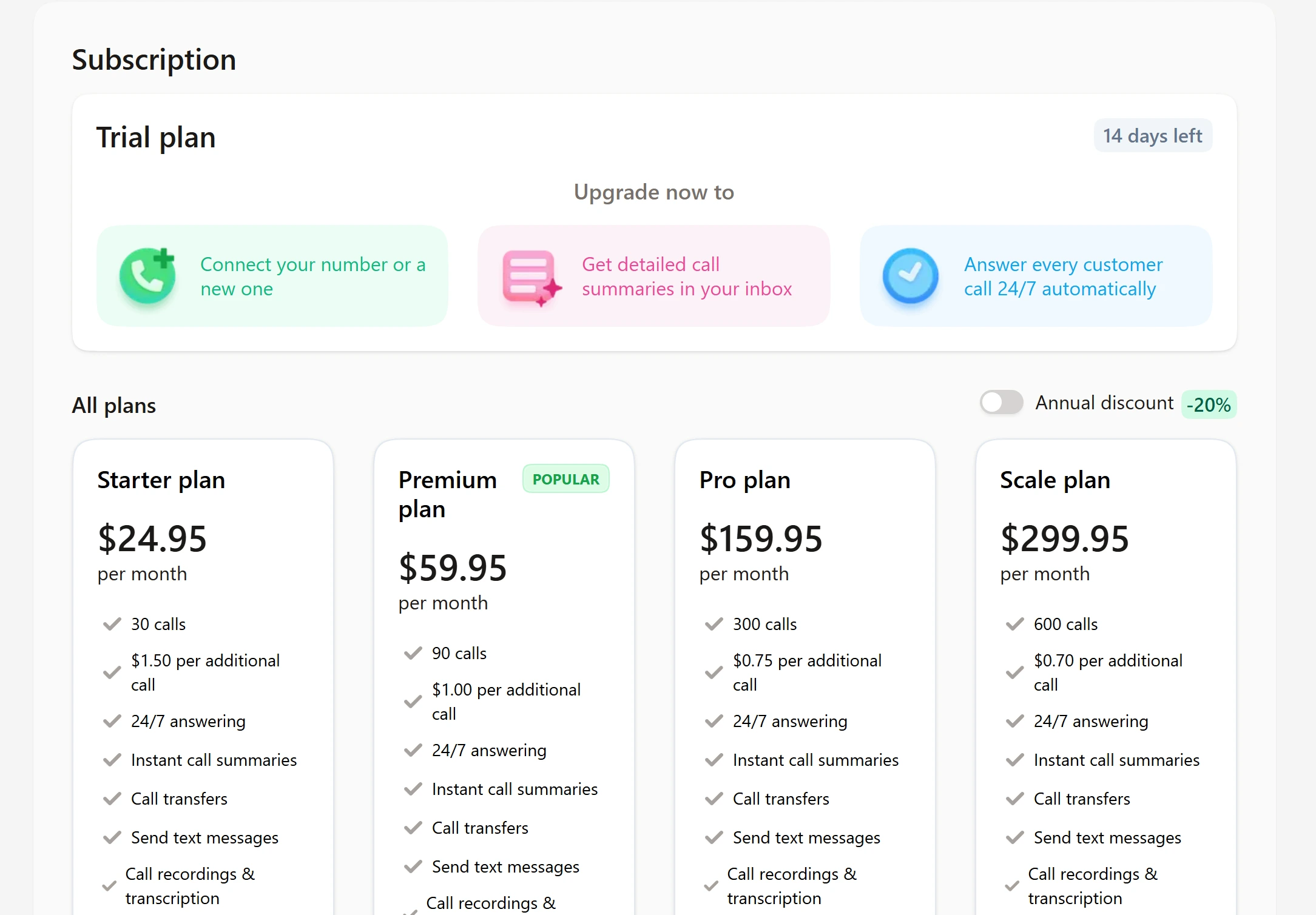 Upfirst Subscription page in the trial with the Starter, Premium, Pro and Scale plans at $24.95, $59.95, $159.95 and $299.95 a month