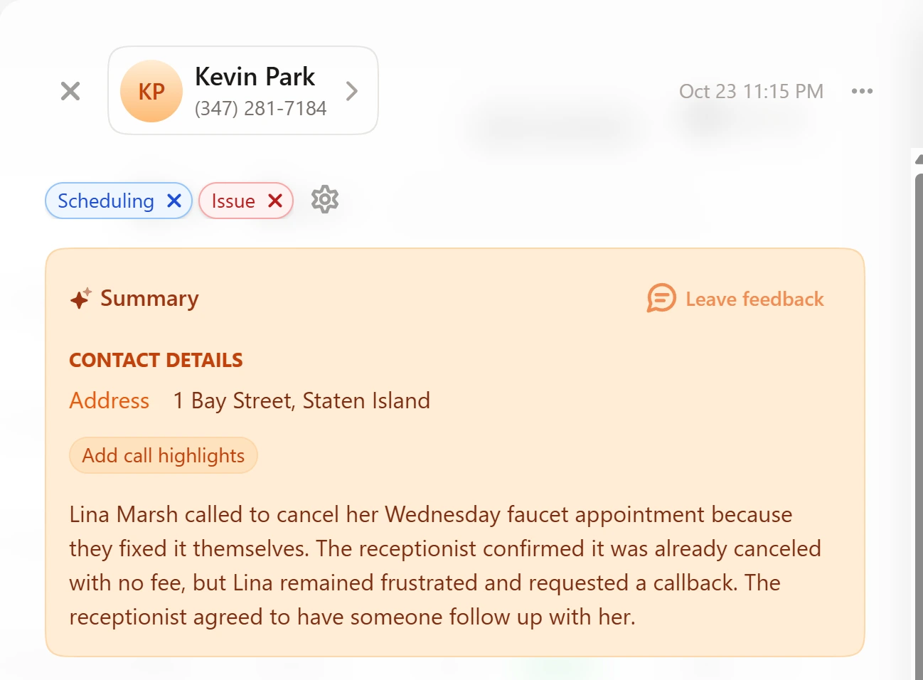 Upfirst call summary for the cancellation call saying the receptionist confirmed it was already canceled