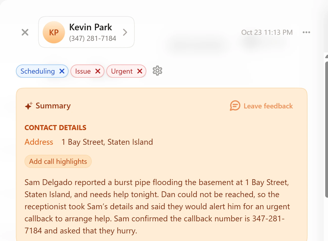 Upfirst call summary for the after-hours emergency: the receptionist tried to connect Dan, could not reach him, and took the caller's details
